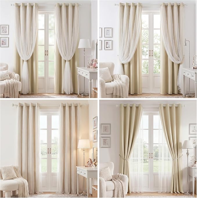 MYSKY HOME Beige Curtains for Living Room Cream Boho Blackout Curtains with Polka Dots Sheer Overlay for Girls Nursery Kids Room, Grommet Tops, 52x95 Inch Each Panel, 2 Panels