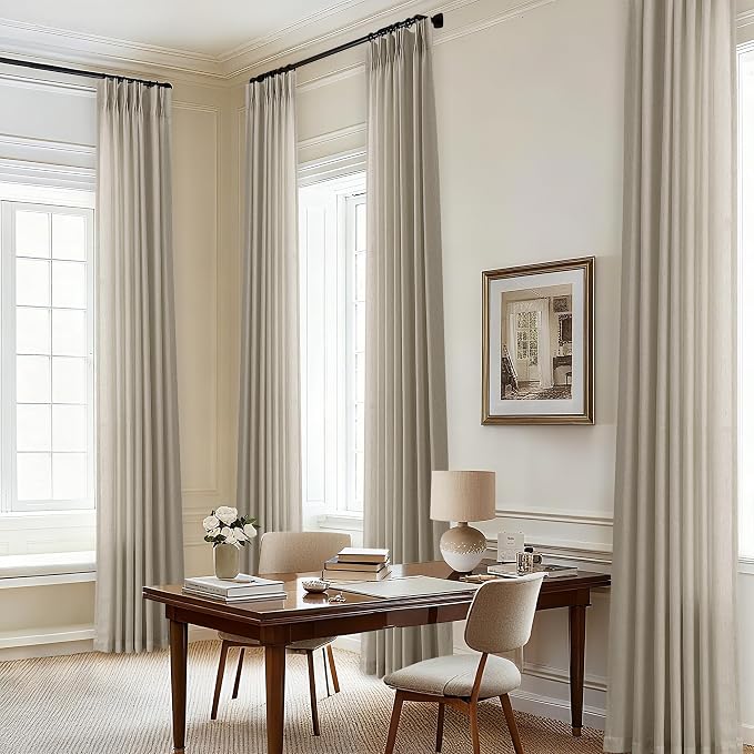 102 Inch Flax Linen Curtains Extra Long Pinch Pleat Burlywood Birch | Tan, Boho, Semi Sheer Light Filtering Drapes, for Living Room Bedroom, Memory Trained, Pleat Curtains, Hooks Rings, Back Tab