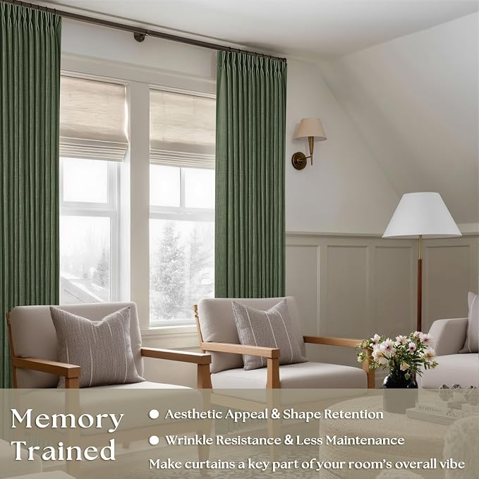 TWODRAPES Olive Green Pinch Pleated Linen Curtains 92 Inches Long 2 Panels for Living Room Bedroom Semi Sheer Pinch Pleat Drapes with Hooks Rings Boho Farmhouse Light Filtering Window Curtain 40x92