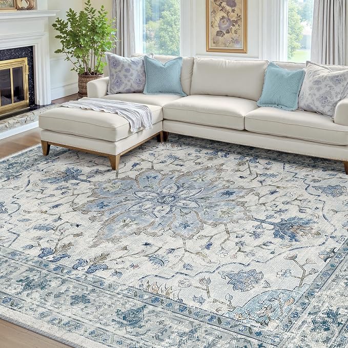 RELEANY Area Rugs 7'x9' Washable Non-Slip, Floral Vintage Distress Medallion Carpet for Living Room Bedroom Dining Room, Light Blue Navy Gray White