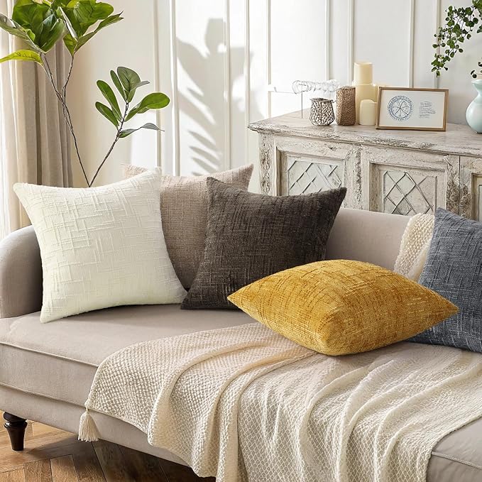 decorUhome Textured Chenille Throw Pillow Covers 20x20 Set of 2 Dark Grey | Fall Modern Farmhouse Soft Cozy Slubby Couch Pillow Cases Boho Decorative Pillow Cases for Bed Sofa Living Room Home Decor