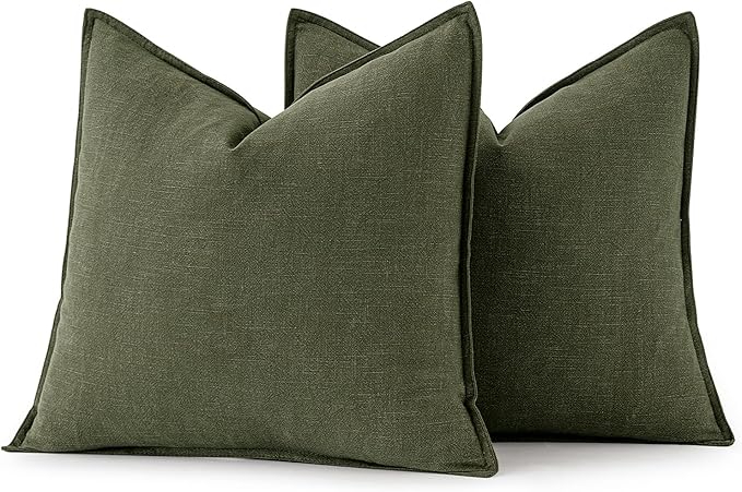 MIULEE Decorative Linen Euro Sham Pillow Covers 24x24 Dark Olive Green | Boho Farmhouse Neutral Couch Throw Pillows for Bed, Pack of 2 Accent Modern Pillowcases, Sofa Livingroom Home Decor