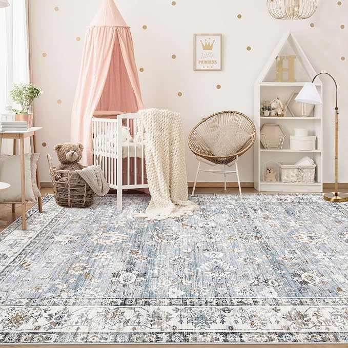 XLUEZ Area Rug 5x7 Living Room Rug, Machine Washable Vintage Distressed Boho Area Rug Non-Slip Soft Low Pile Large Indoor Rugs for Bedroom Kitchen Dining Room Office(Light Blue,5'x7')