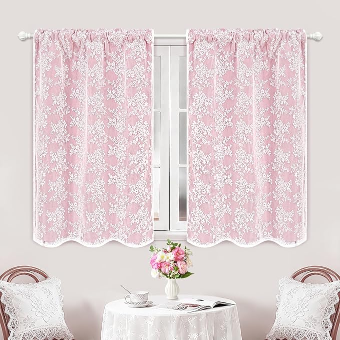 Yinhua Pink Kitchen Curtains 36 Inch Length Double Layer Blackout Cafe Curtains with Floral Sheer Overlay Rod Pocket Short Curtain for Windows, Small Window Curtain for Bathroom, Living Room, 2 Panels