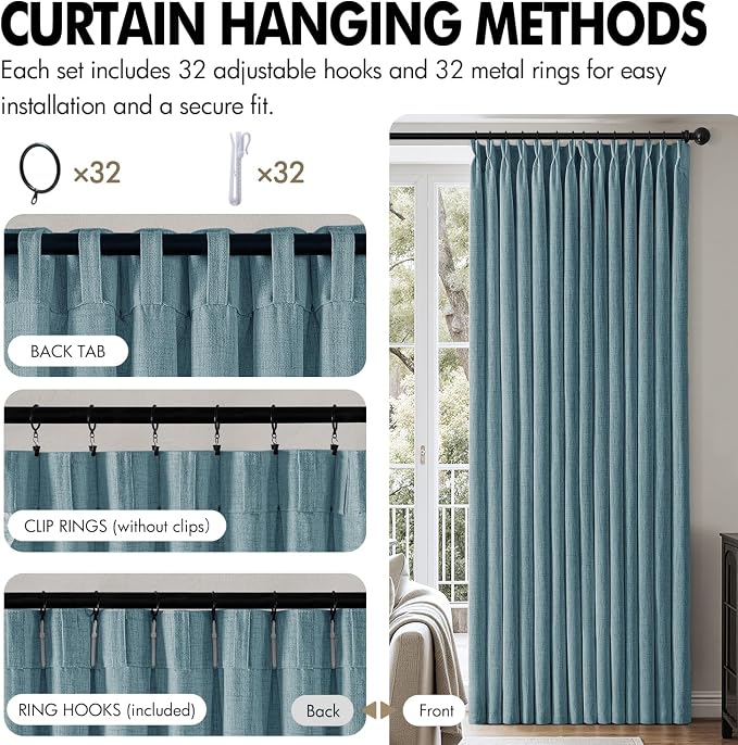 MIULEE Pinch Pleated Thick Linen Curtains 90 Inch 4 Panels Set Back Tab Memory Trained Pinch Pleat Semi Sheer Light Filtering Privacy Let Light in Window Drapes for Living Room Bedroom Dusty Blue