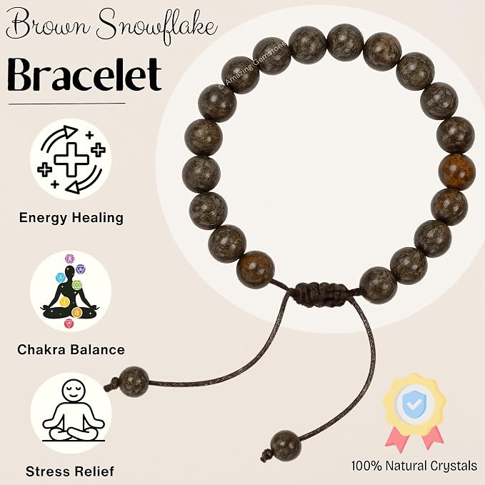 Amazing Gemstone Brown Snowflake Obsidian Bracelet for Women Men's Gifts - Protection Healing Crystal Bracelet - 8mm Gemstone Beaded Adjustable Bracelet Pulseras para Hombres Mujer Stocking Stuffers