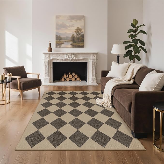 GENIMO Indoor Outdoor Area Rug 6'x9', Checkered Easy Jute Rug Machine Washable, Easy-Cleaning, Non Slip Geometric Diamond Outdoor Carpet for Patio, Living Room, Backyard, Porch, Deck, Balcony