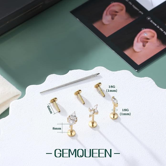 GEMQUEEN G23 Implant Grade Titanium 18G Internally Threaded Flat Back Earrings 5A CZ Studs: 14K Gold Hypoallergenic 3 Pcs Tragus Cartilage Conch Helix Piercing Jewelry for Sensitive Ears Women Men