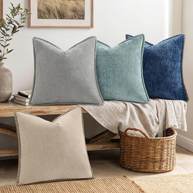 decorUhome Fall Soft Decorative Chenille Throw Pillow Covers 18x18 Set of 4 | Beige Blue Cozy Decorative Modern Farmhouse Neutral Pillow Cases with Stitched Edge for Couch Sofa Bed Living Room Home Decor