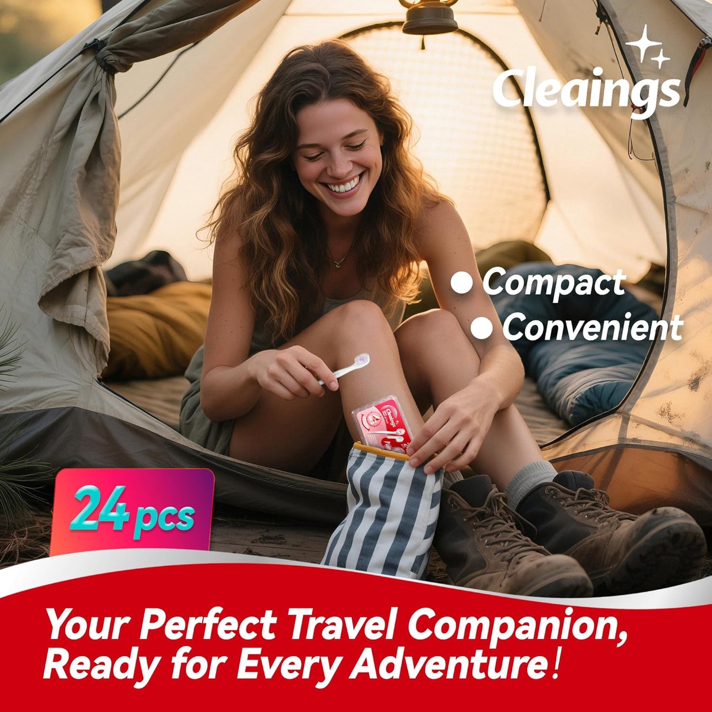 cleaings® Mini Disposable Toothbrush Set with Toothpaste – Travel Essentials, Portable Toothbrush for Women & Men, Camping, Road Trip, Vacation, 24 Count-Ice Peach Flavor（Pack of 5）