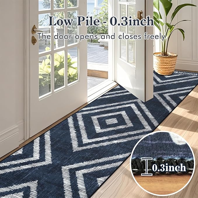 2x10Ft Boho Hallway Rug Runners Non Slip, Navy Blue Geometric Washable Kitchen Runner Rugs, Soft Thin Modern Farmhouse Entrance Floor Carpets for Entryway Doorway Bedroom Home Decor