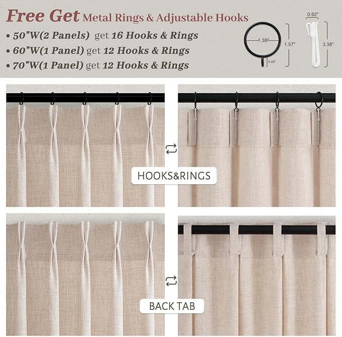 Linen Pleated Semi Sheer Curtains 90 Inches Long 2 Panels Set for Dining Room, Memory Trained Pinch Pleat Light Filtering Taupe Farmhouse Windows Drapes with Back Tab 50x90 Inch Length Bedroom Curtain