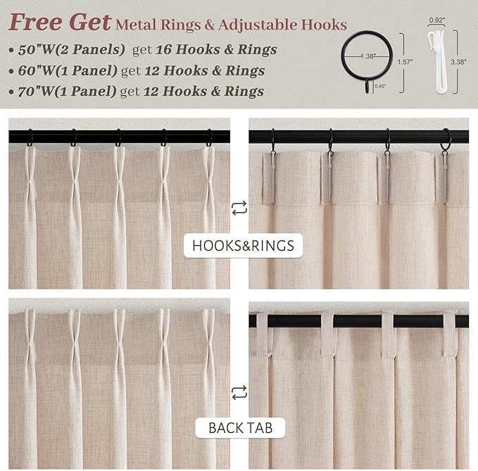 102 Inch Extra Long Pinch Pleated Curtains for Nursery/Kids Room, Natural Linen Memory Shape Light Filtering Privacy Rustic Curtain Semi Sheer Drapes 2 Panels Set Elegant Decor Windows Burg