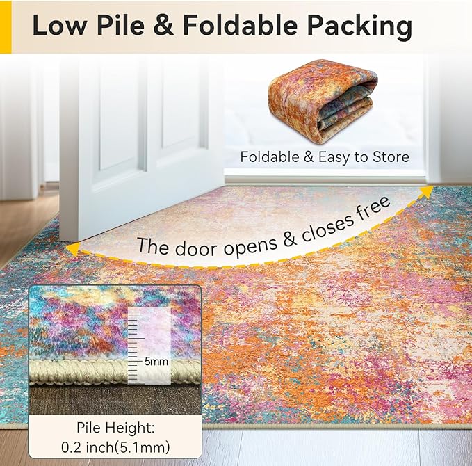 RELEANY Washable Area Rugs 2'x8' Non-Slip Modern Abstract Soft for Living Room Entryway Bedroom Kitchen, Print Pattern, Orange Blue Pink Yellow Colorful