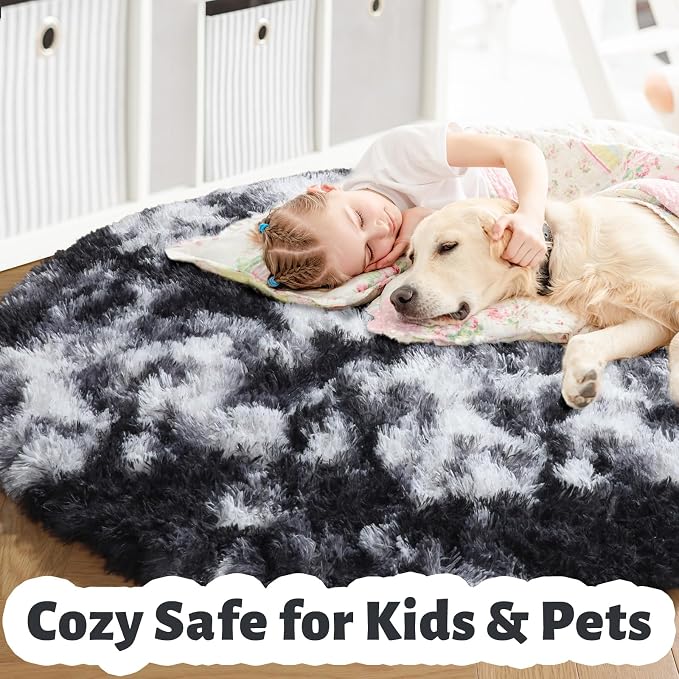 Amdrebio Black White Grey Circle Rug 6Ft Round Area Rugs for Living Room Bedroom, Fluffy Fuzzy Shaggy Furry Rugs for Home Office Kids Room Dorm, Plush Modern Cool Floor Shag Carpet for Men Teen Boys