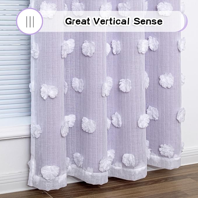 MYSKY HOME Purple Curtains with White Sheer Pom Pom for Living Room Kids Bedroom Blackout Curtain for Sliding Door Decor Drapes Double Layer Window Panels Back Tab Set of 2, Lilac, W52 X L95
