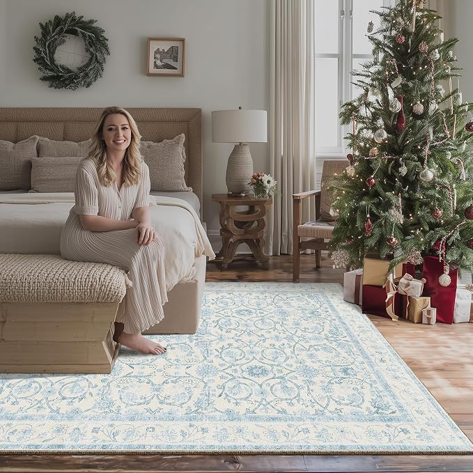 Washable Rugs for Living Room: 6x9 Area Rugs for Bedroom Ultra Soft Non-Slip Low Pile Vintage Boho Large Carpet for High-Traffic Dining Room - Farmhouse Decor