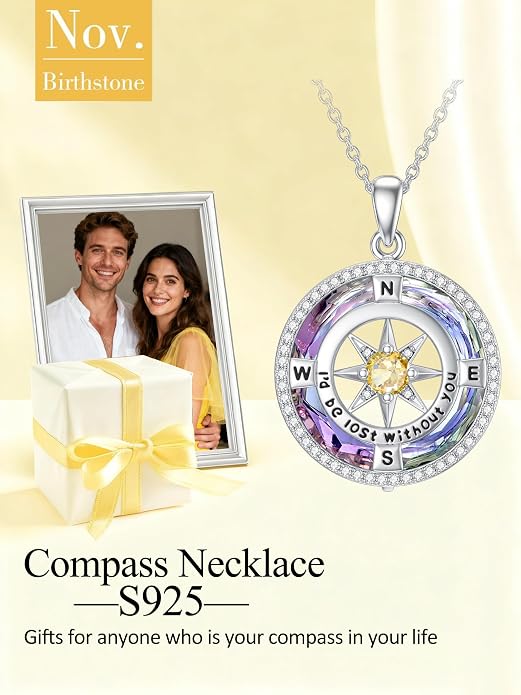 TOUPOP Necklace Gifts for Wife Compass Jewelry Women Anniversary Girlfriend Birthday Gift for Her Valentines I'd be Lost without You Sterling Silver Birthstone Necklaces
