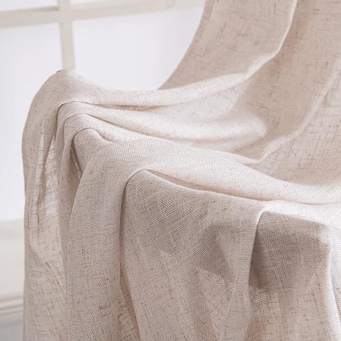 MIULEE Natural White Short Linen Curtains 45 Inch Length 2 Panels for Kitchen Bedroom Bathroom, Soft Thick Linen Textured Basement Window Drapes Semi Sheer Light Filtering Back Tab Rod Pocket