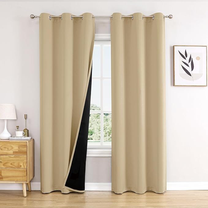 ChrisDowa 100% Blackout Curtains for Bedroom 72 Inches Long 2 Panels Set | 2 Thick Layers, Thermal Insulated, Light Blocking, Grommet, Window Treatment, Living Room Drapes, Beige, 42 x 72 Inch