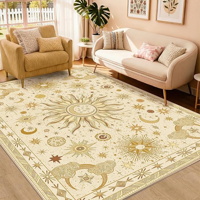 Vacuum-Friendly, 6x9 Washable Area Rug, Beige Camel Brown | Sun and Moon Boho Gothic Non-Slip Low Pile Living Roon Bedroom Dining Room Kitchen Entry Entryway Entrance Hallway Doormat