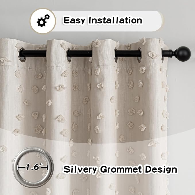MYSKY HOME Beige Pom Pom Blackout Curtains for Girls Bedroom 63 Inch Long 100% Room Darkening Curtain for Kids Room 2 Panels Small Window Treatment Grommet 2 Layered Drapes Toddler 52W x 63L
