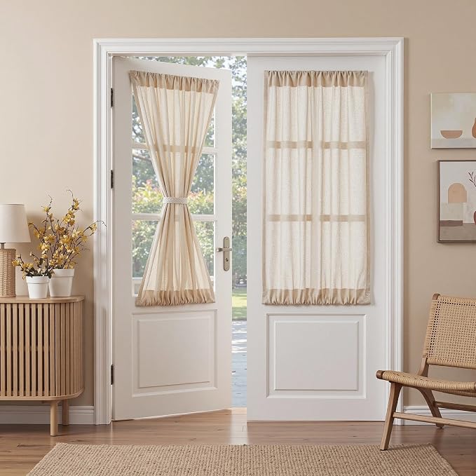 MYSKY HOME Oatmeal French Door Curtains for Door Window 40 Inch Length 2 Panels Short Semi Sheer Light Filtering Curtain for Glass Small Window Drapes Rod Pocket for Bedroom Bathroom, Taupe, 26" Wide