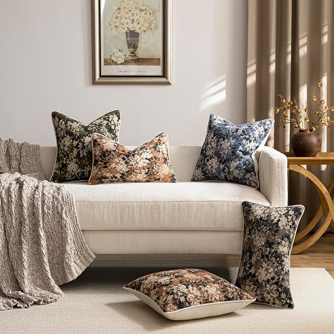 DEZENE Pack of 2 Vintage Floral Throw Pillow Covers 16x16 Boho Farmhouse Accents Chenille Square Decorative Pillow Cases for Living Room Couch Bed Home Decor, Dusty Blue