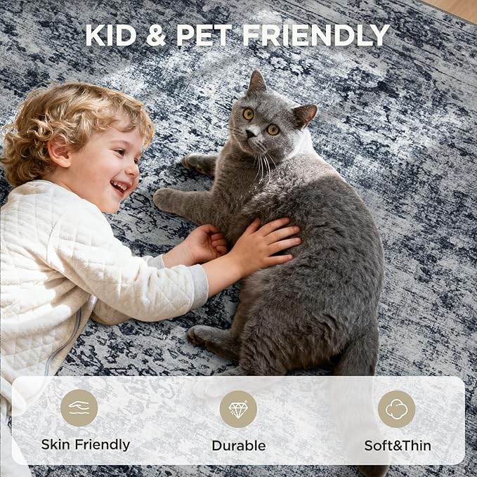 Joydeco 6x9 Area Rugs for Living Room Vintage, Light Grey | Non Slip Machine Washable Low Pile for Bedroom Dining Room Home Office Pet & Child Friendly