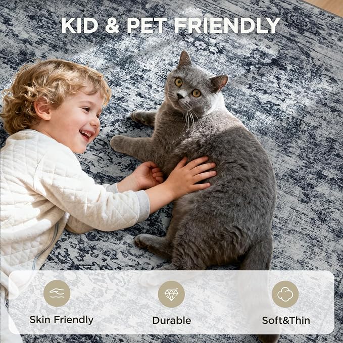 Joydeco 9x12 Area Rugs for Living Room, Non Slip Machine Washable Vintage Rug, Low Pile Chenille Print Rugs for Bedroom, Dining Room, Home Office, Pet & Child Friendly, Light Grey