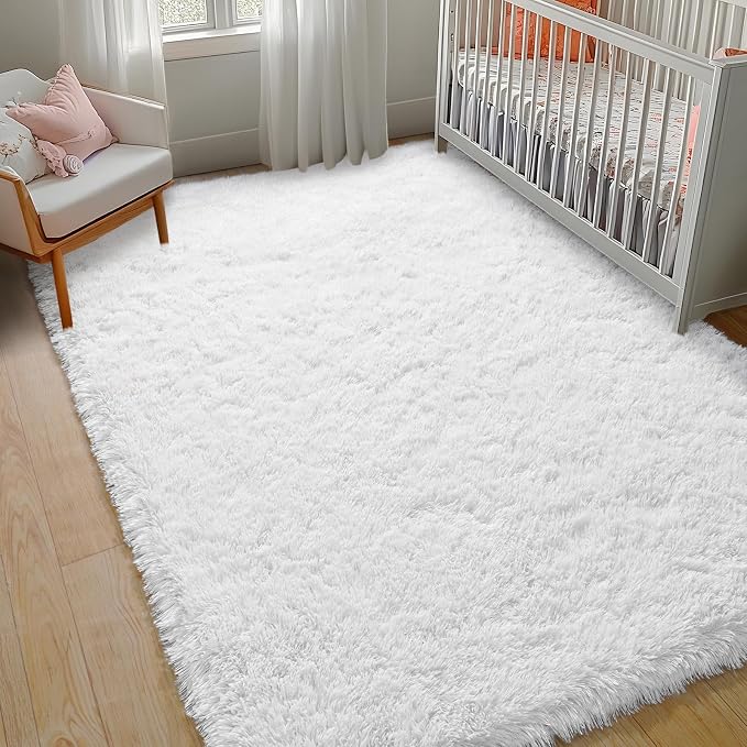 White Shag Rug for Bedroom, 4x5.9 Fluffy Area Rugs for Living Room | Nursery and Kids Room, Soft and Comfy, Fuzzy Bedside Carpet for Girls and Boys Dorm Home Decor Aesthetic, Non Slip