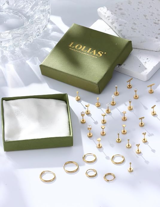 LOLIAS Small Hypoallergenic Flat Back Stud Earrings for Women Men 14K Gold Plated Surgical Stainless Steel Earring Sets Tiny Screw Back Cartilage Earrings for Sensitive Ears
