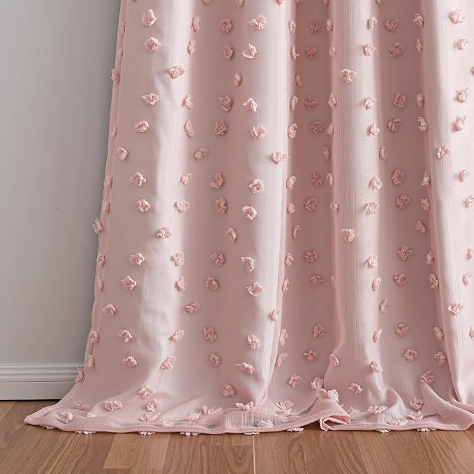 MYSKY HOME 100% Blackout Curtains for Girls Bedroom 90 Inch Long Total Room Darkening Curtain for Living Room 2 Panels Grommet Light Blocking Sliding Door Drapes Blush Pink Pom Pom Sheer 52" x 90"