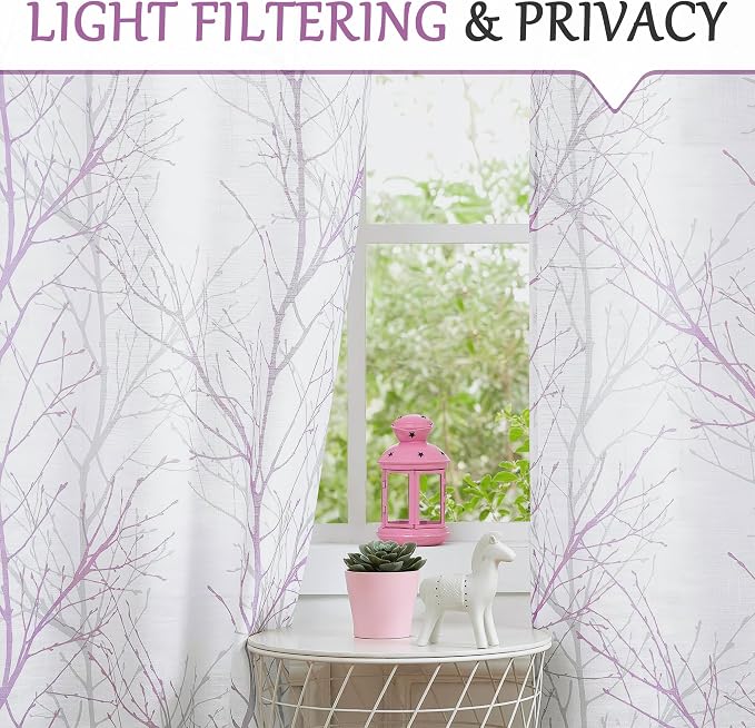 FMFUNCTEX Linen Lilac White Semi Sheer Print Curtains 84 Inch Long 2 Panels | Branch Sheer Patterned Drapes, Light Filtering Grommet Panels for Bedroom, Living Room, Basement, and Farmhouse Curtain