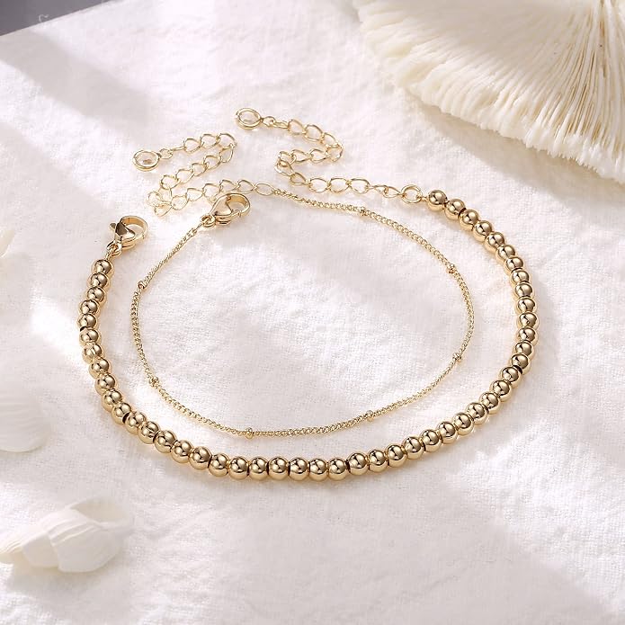 Dainty Gold Bracelets for Women, 14K Gold Plated Adjustable Layered Beads Bracelet Cute Evil Eye Oval Chain Pearl Bar Turtle Gold Bracelets for Women Jewelry