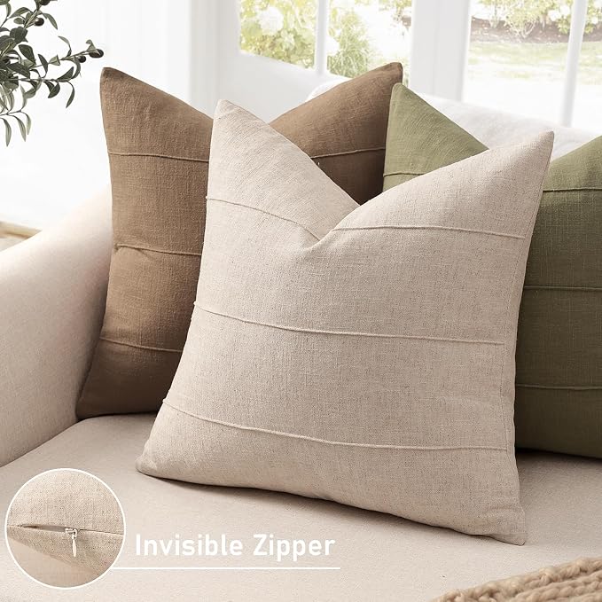 Decorative Linen Throw Pillow Covers 18x18 Set of 2 Solid handcrafted Striped Cushion Covers for Bed Soft Modern Farmhouse Neutral Pillowcase for Couch Bedroom Living Room Home Decor(Natural Beige)