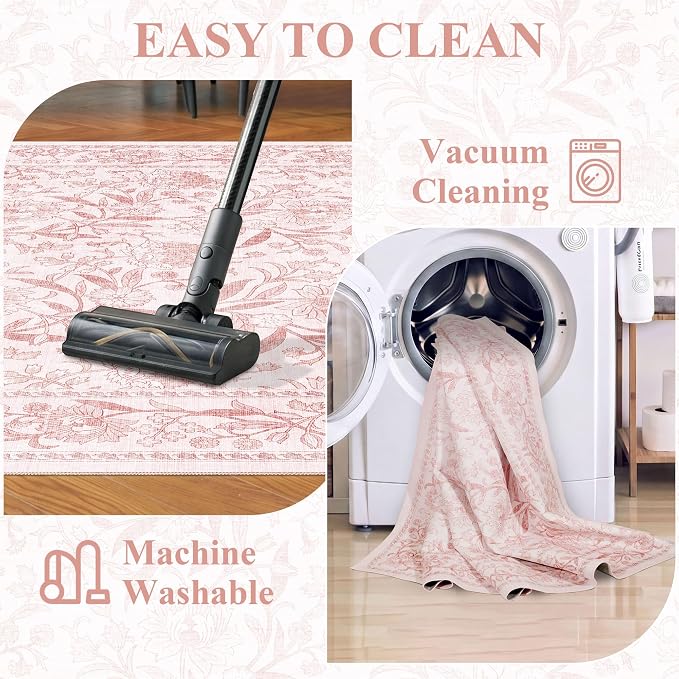 DUKINO 2x10 Runner Rug for Hallway, Washable Vintage Floral Rug, Light Pink | Non Slip, Low Pile, Non-Shedding, Stain Resistant Soft Long Runner Carpet for Kitchen Bathroom Entryway Bedroom Farmhouse
