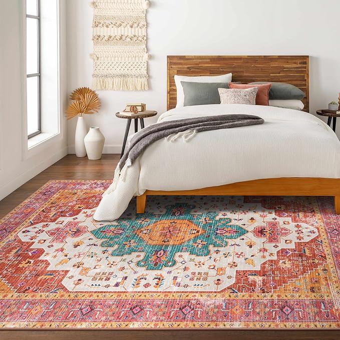 Moynesa Ultra-Thin Washable Pink Area Rug - 6x9 Large Boho for Girls Bedroom, Dining Room, Non-Shed Playroom, Office, Indoor Printed Boho Floor Carpet for Living Room Decor