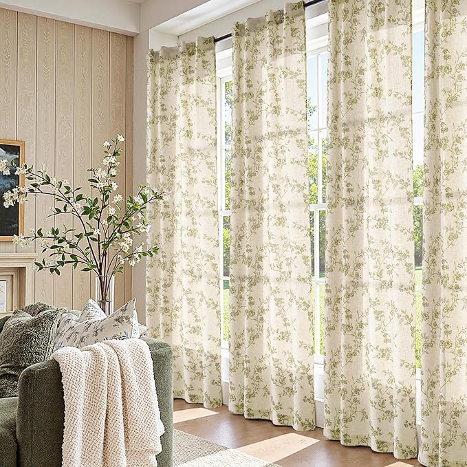 jinchan Green Floral Linen Curtains 84 Inch Flower Drapes Back Tab 2 Panels | Green on beige, light filtering, semi sheer, farmhouse, rustic, country, bedroom, living room, kitchen, window treatment