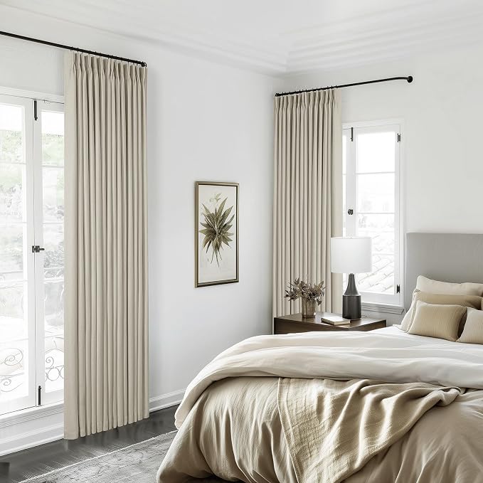 Oatmeal Beige Linen Blackout 92 Inch Curtains for Living Room 2 Panels Set | Pinch Pleated Back Tab, Thermal Insulated Full Black Out Curtains, Memory Shape Trained, for Bedroom Sliding Door, W40xL92