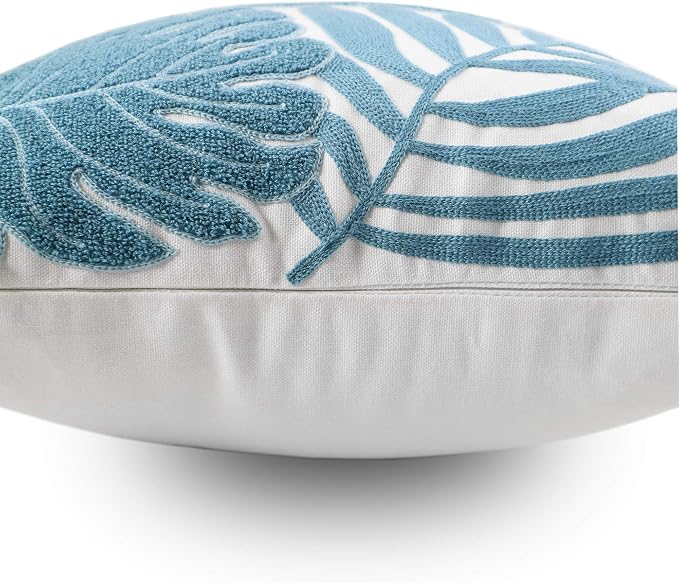 Embroidery Throw Pillow Cover 18x18 Light Blue Tropical Leaf Home Décor Turquoise Cushion Cover for Couch 45x45 100% Cotton Floor Pillowcase Teal Plant Monstera Leaf Loop, 1 Piece