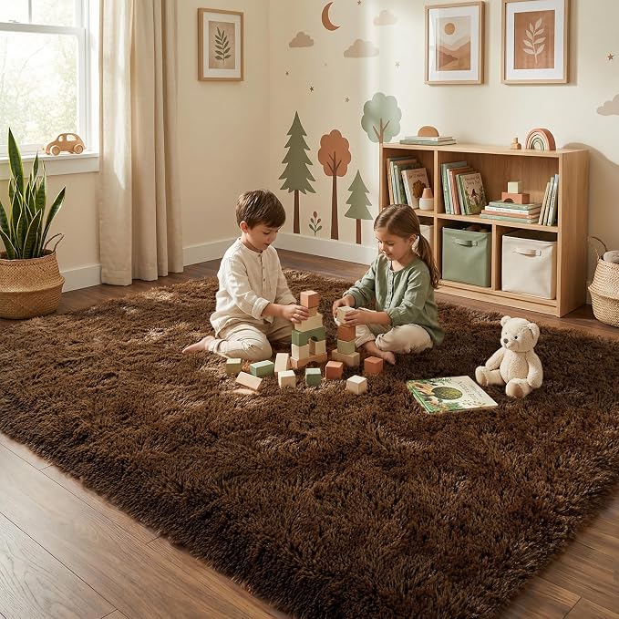 Fluffy Rugs for Living Room: Coffee Brown Soft Shag Rug for Bedroom, Large Fuzzy Plush Indoor Carpet Non Slip Modern Rug for Nursery Kids Room Dorms Office Home Decor, 7x10 Feet