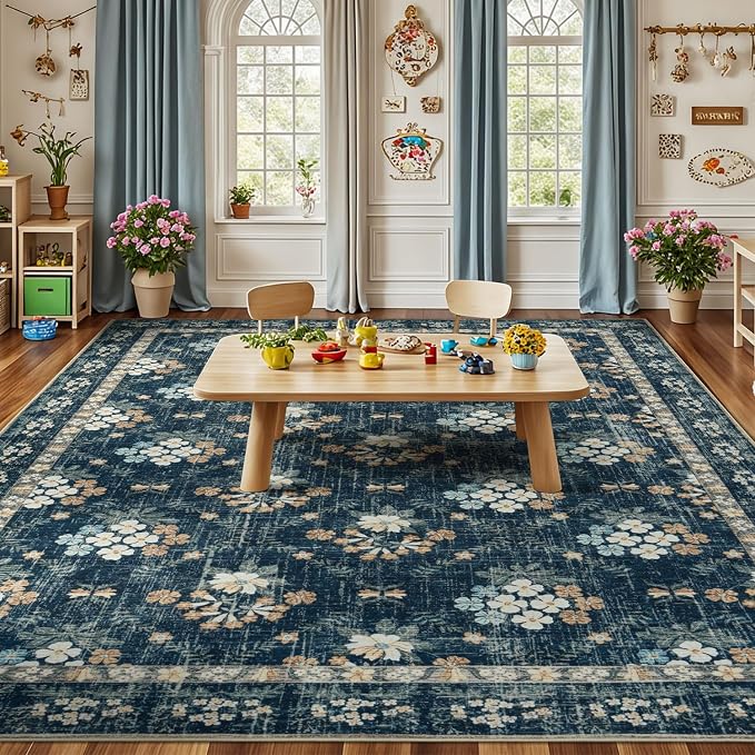 Lessymo Floral Living Room Rug 5x7, Soft Washable Area Rugs for Bed Room Dining Room, Soft Low Pile Carpet with Non Slip Backing Distressed Indoor Boho Carpet, Navy/Beige