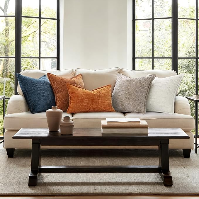 decorUhome Chenille Fall Throw Pillow Covers 18x18 Set of 2, Soft Textured Slubby Modern Decorative Pillow Covers with Elegant Design for Couch, Sofa, Living Room, Burnt Orange