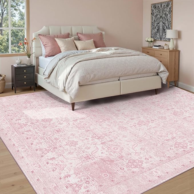 Rugxara Pink 8x10 Area Rugs for Living Room Bedroom Large Washable Rug | Non Slip, Rug for Dining Girls Room Office, Stain Resistant, Soft, Low Pile, Vintage Boho Retro Carpet, Washable,Home Decor