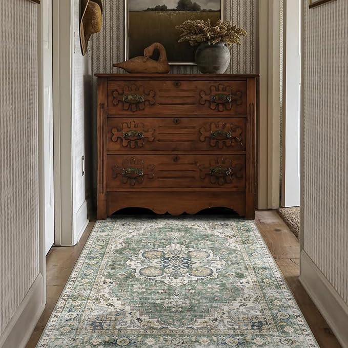 LUXRUG Washable Area Rug 4x6 - Boho Living Room Rug Non Slip Soft Bedroom Rug Ultra-Thin Sage Green Vintage Medallion Oriental Dining Room Rugs for Under Table Indoor Carpet for Living Room Kitchen