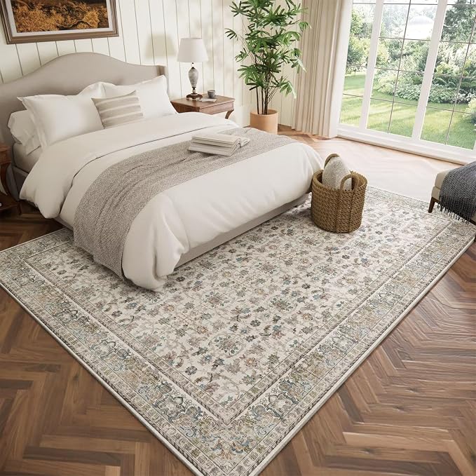 Boho Washable 5x7 Area Rugs for Living Room, Cushioned, Cream/Blue | Vintage Non-slip Rugs for Bedroom Dining Room Nursery Office, 0.3" Neutral Oriental Throw Thin Carpet, Cream/Blue