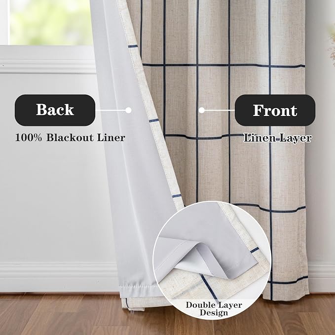 MYSKY HOME 100% Blackout Plaid Linen Curtains 72 Inches Length Double Layer Farmhouse Thermal Insulated Striped Print Drapes with Rod Pocket Back Tab for Bedroom Living Room, 2 Pcs, 52"Wide, Navy Blue