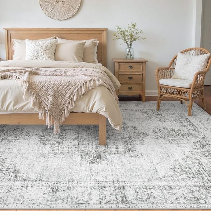 5X7 Area Rugs for Living Room, Washable Rugs Gray Vintage Medallion Non-Slip Soft Low Pile Rug Large Indoor Retro Carpet for Bedroom Dining Room Home Office Nursery Room(Gray,5'x7')
