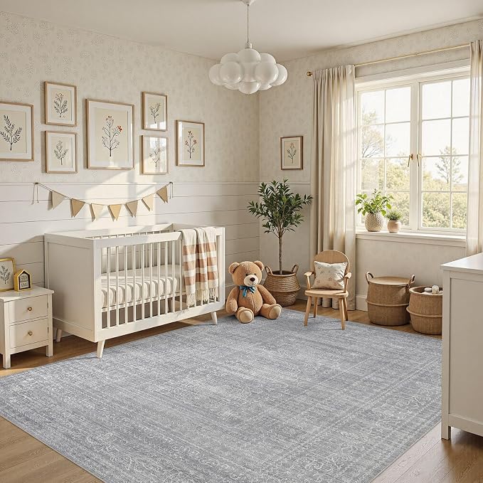 Nakagishi 6x9 Area Rugs Living Room: Washable Large Vintage Rug Neutral Non-Slip Soft Stain Resistant Indoor Carpet for Bedroom Nursery Dining Room Office Playroom - Grey
